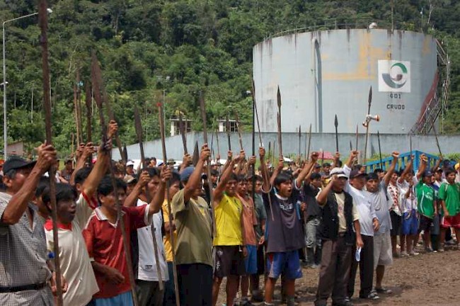 Awajun-Wampis protest in Bagua, northern Peru. Police violence sent many of the protesters to the hospital, despite a peaceful blockade of the Corral Quemado Bridge, June 5, 2009.