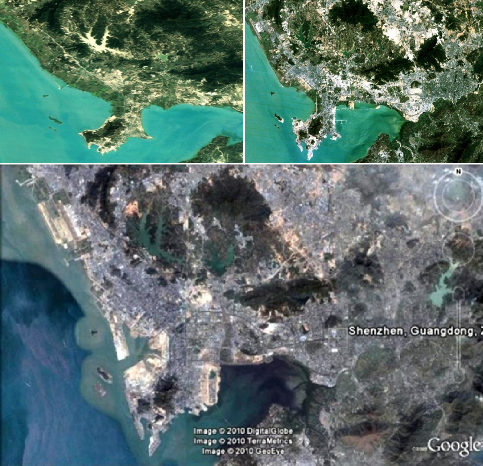 Fig. 1 Three phases of urban land use in Shenzen, China: 1988, 1996, 2010 (source: Google)