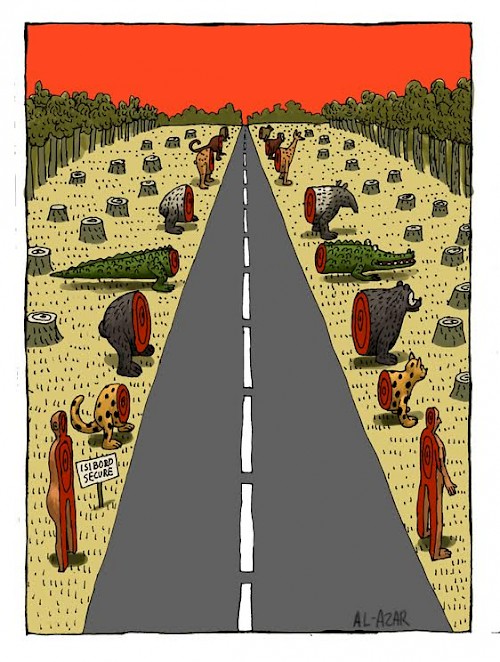 The cartoon Paving Bolivia shows the road across TIPNIS, which stands for “Territorio Indígena y Parque Nacional Isiboro Sécure.”