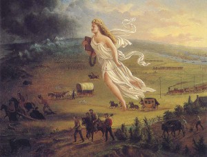 Painting: Goddess Columbia floats overhead as white settlers make their way westward across the frontier towards the dark and threatening unknown lands with wildlife and Indians.